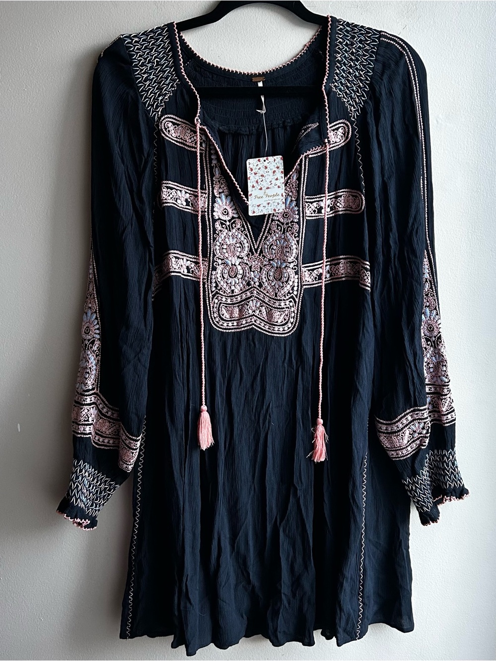 Free People Black Tunic with Pink Embroidery